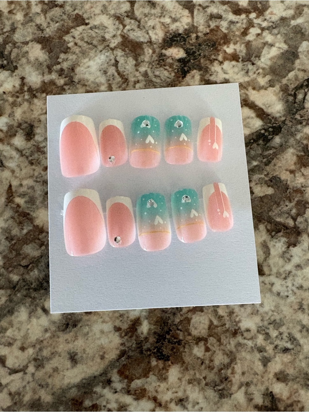 Pink and Aqua Press-On Nail Set with Rhinestones